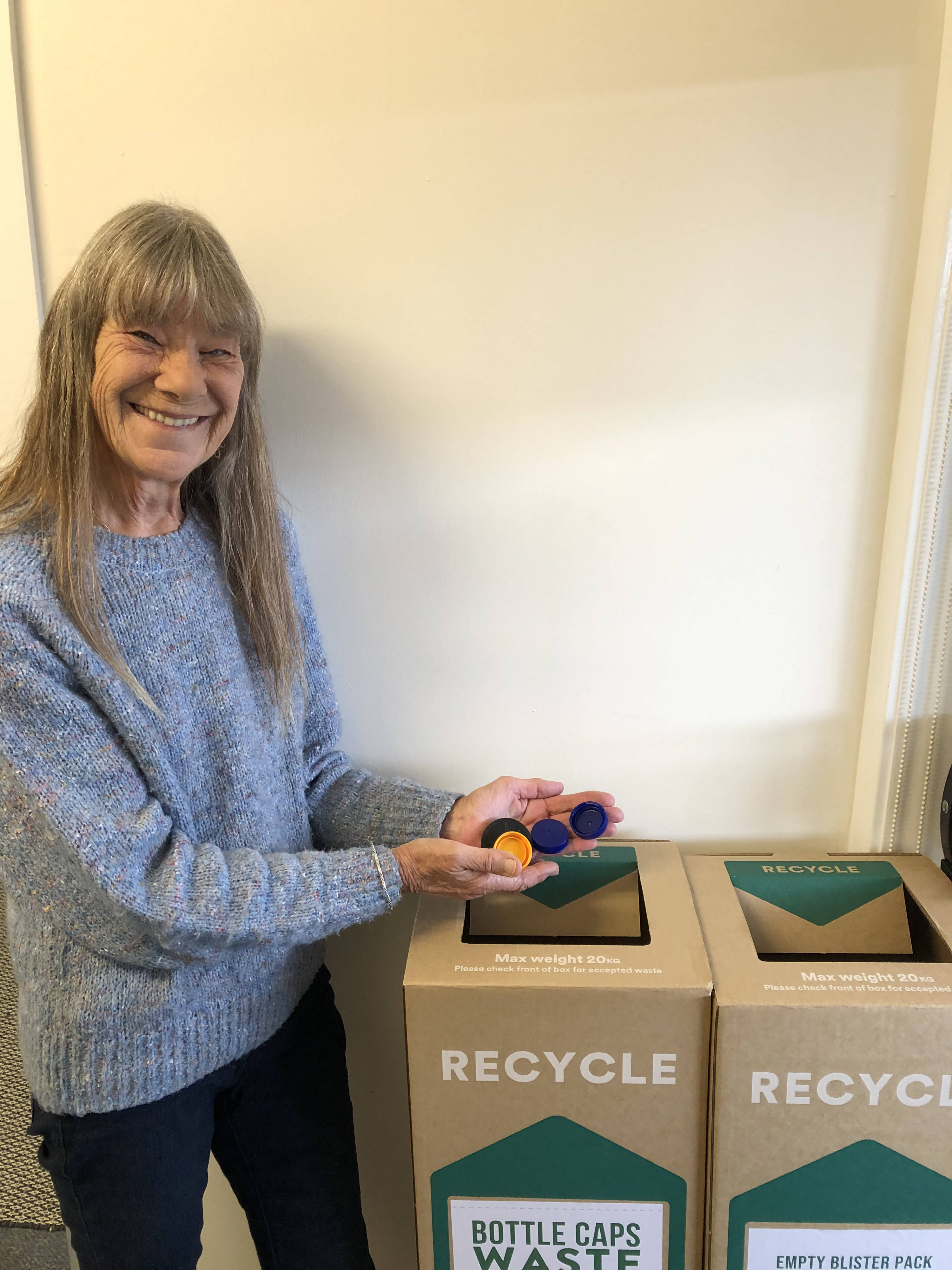 Local resident Mary Arnold recycling bottle lids at the Warrane Mornington Neighbourhood Centre’s new drop off point. Photo: Katie Kristensen.
