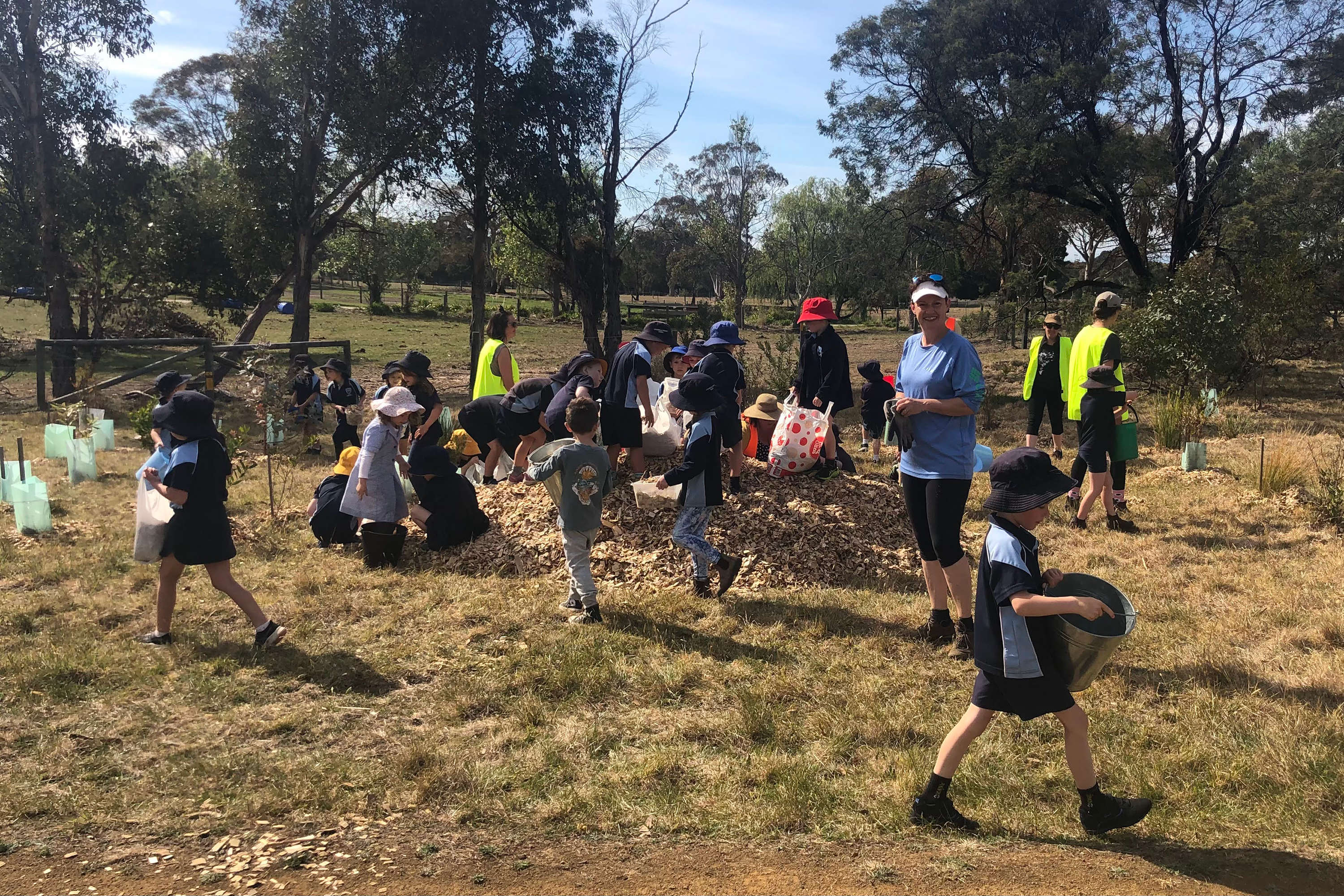 Lauderdale Primary School students build some bandicoot bunkers.