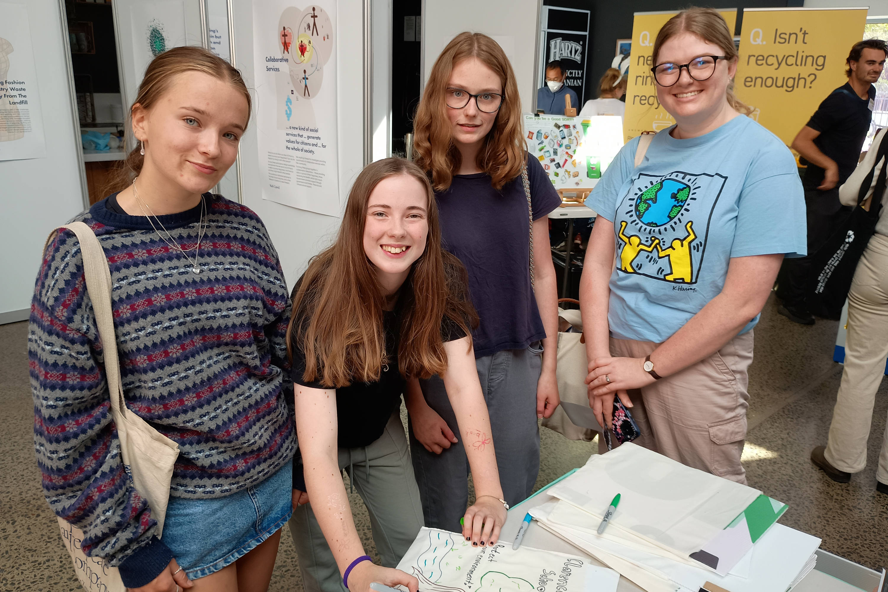 L–R students Linn, Stephanie and Liana with teacher Olivia Hanson at the Big Day of Circular Living Ideas.